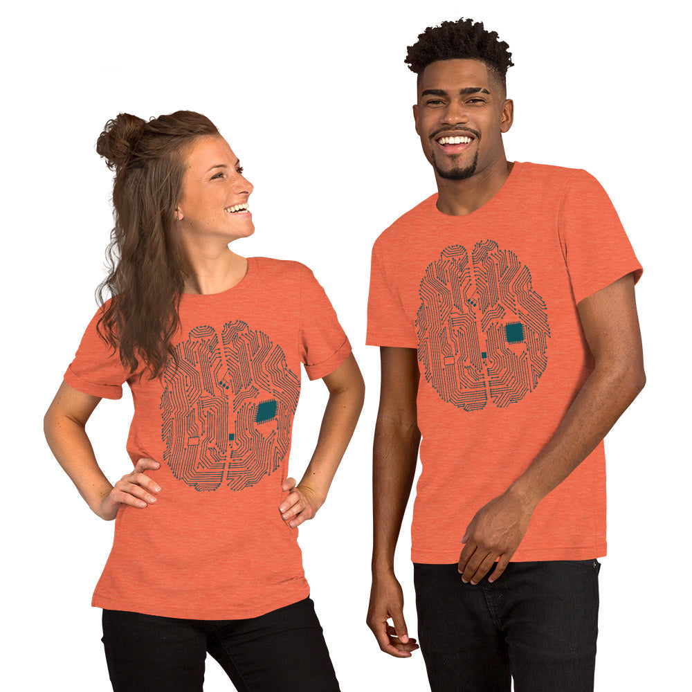 Orange T-shirt for men and women with a print of a CPU brain