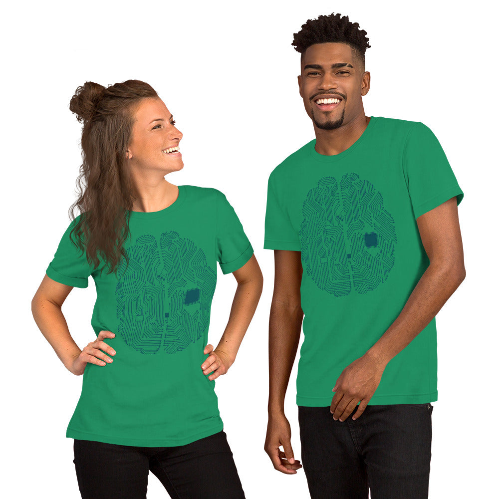 Kelly green T-shirt for men and women with a print of a CPU brain