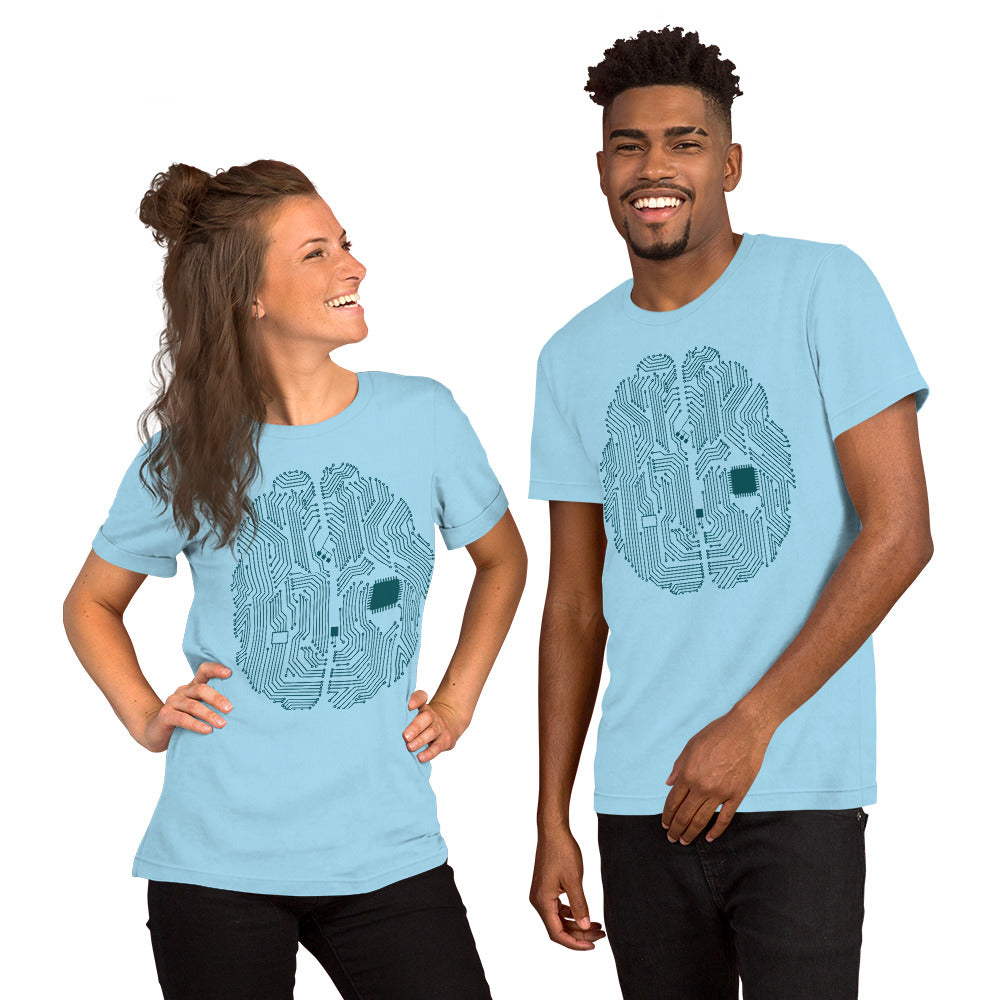 Ocean blue T-shirt for men and women with a print of a CPU brain