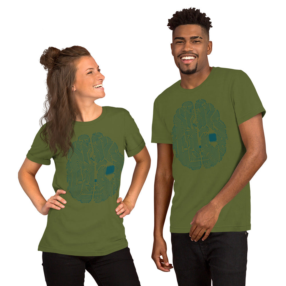 Olive T-shirt for men and women with a print of a CPU brain