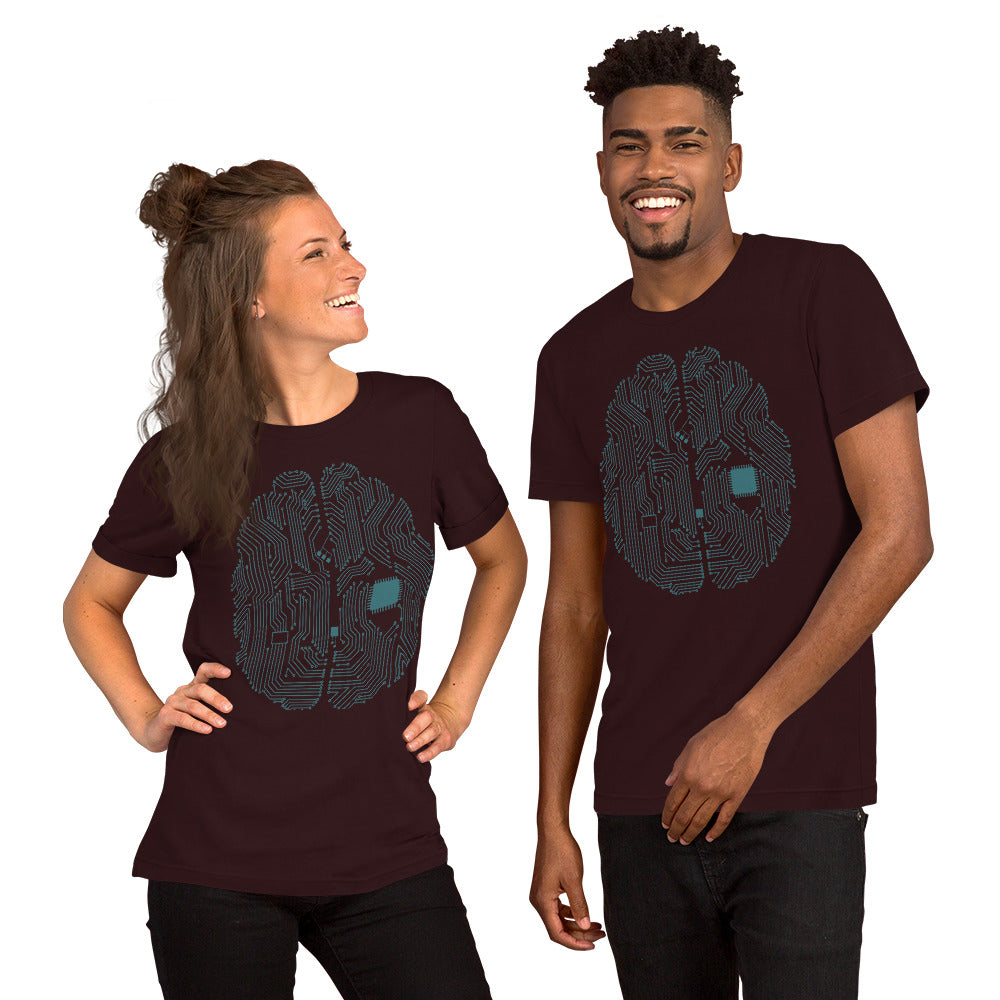 Oxblood black T-shirt for men and women with a print of a CPU brain