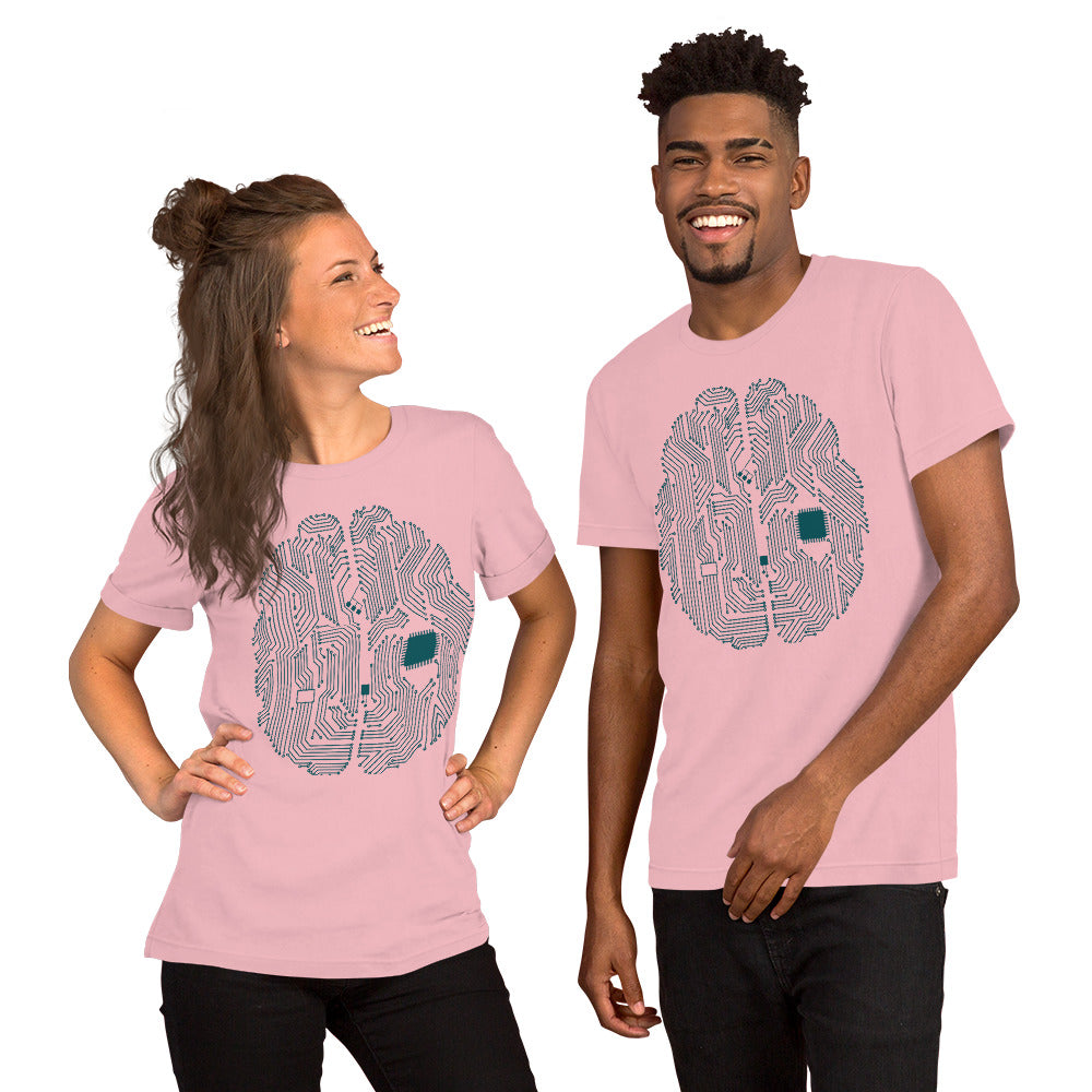 Pink T-shirt for men and women with a print of a CPU brain