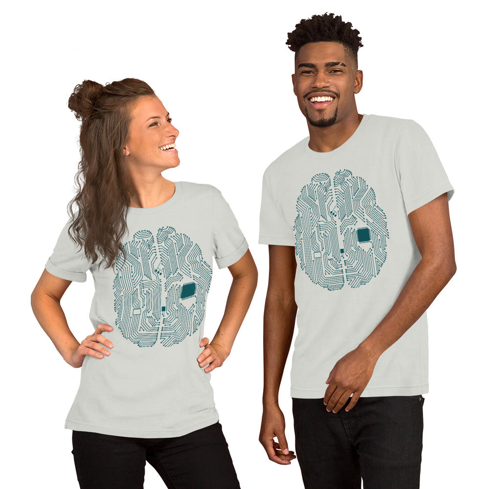 Silver T-shirt for men and women with a print of a CPU brain