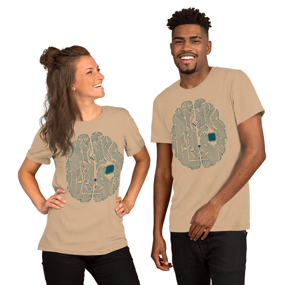 Tan front T-shirt for men and women with a print of a CPU brain