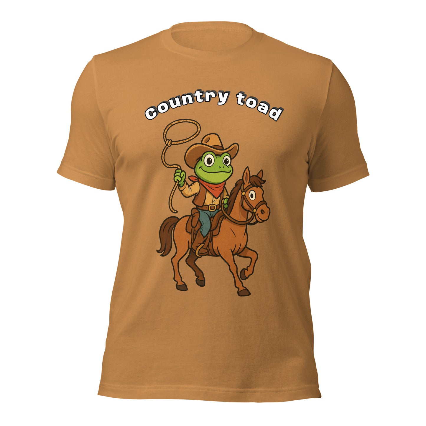 Brown t shirt with on front a picture of a toad on a horse in country style