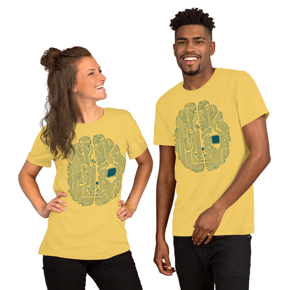 Yellow T-shirt for men and women with a print of a CPU brain