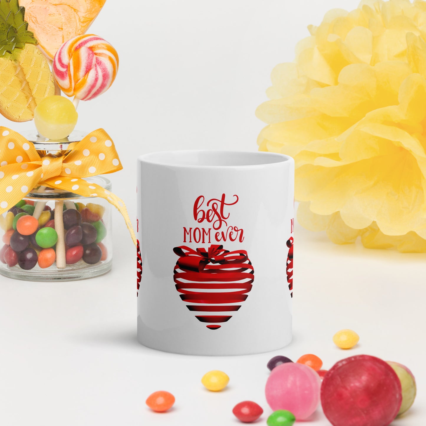 White glossy mug with red text best MOM Ever and red heart