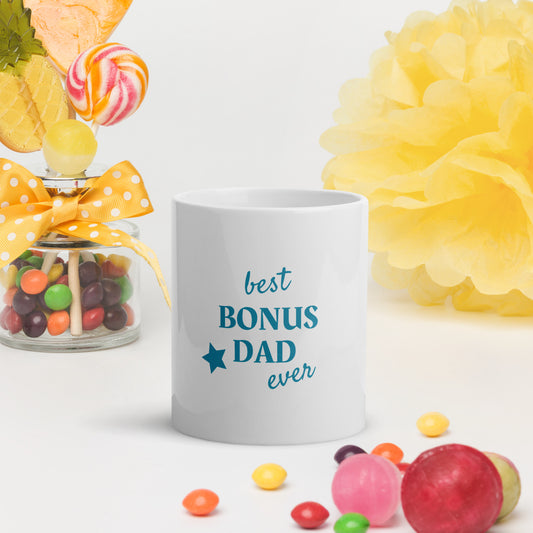 White glossy mug with text "best BONUS DAD ever"