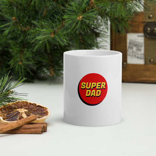 White glossy mug with text "SUPER DAD"
