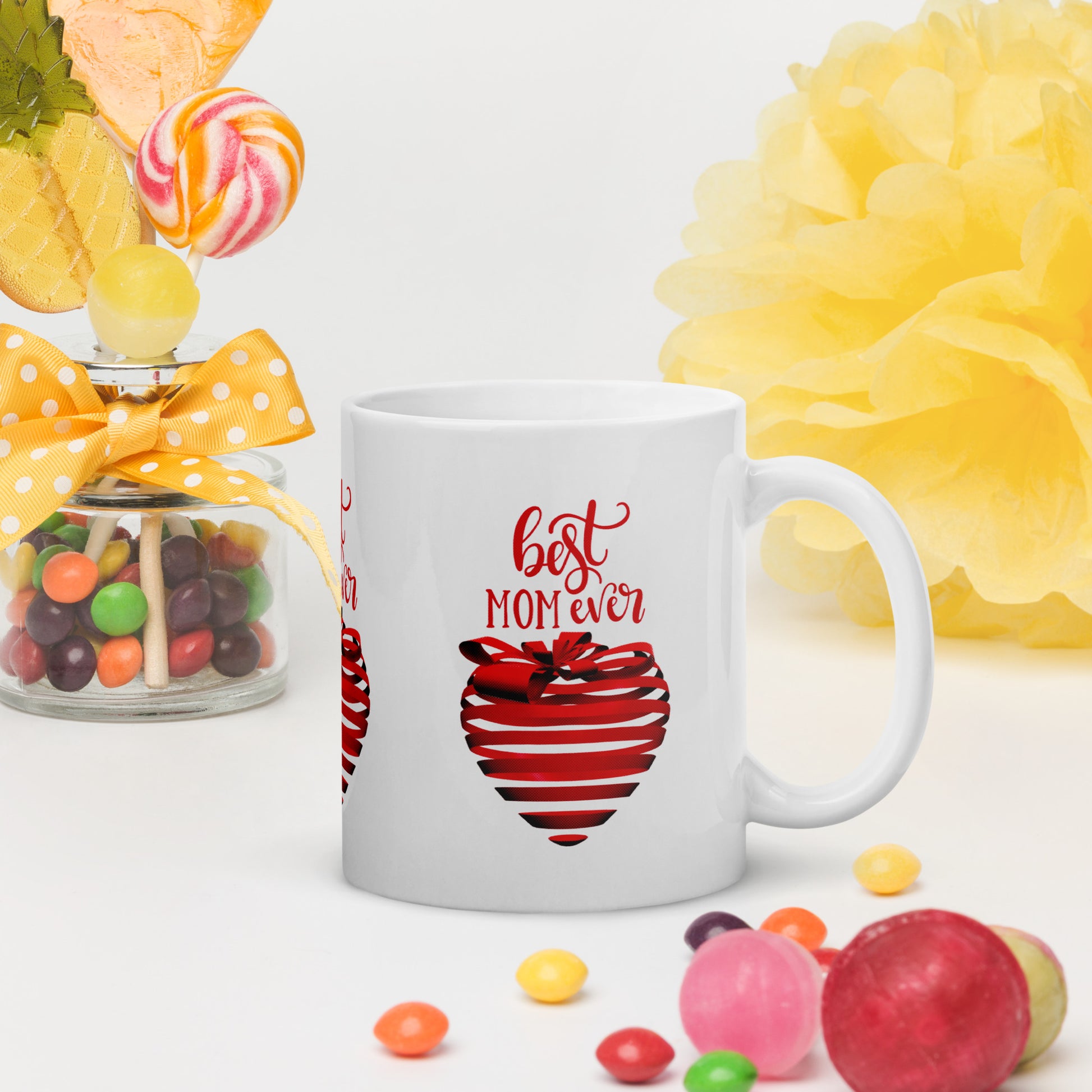 White glossy mug with red text best MOM Ever and red heart