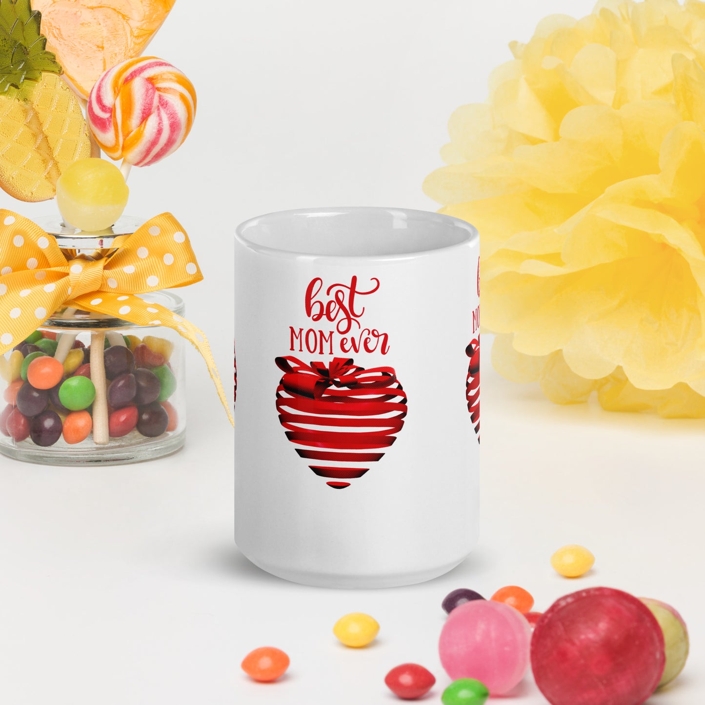 White glossy mug with red text best MOM Ever and red heart