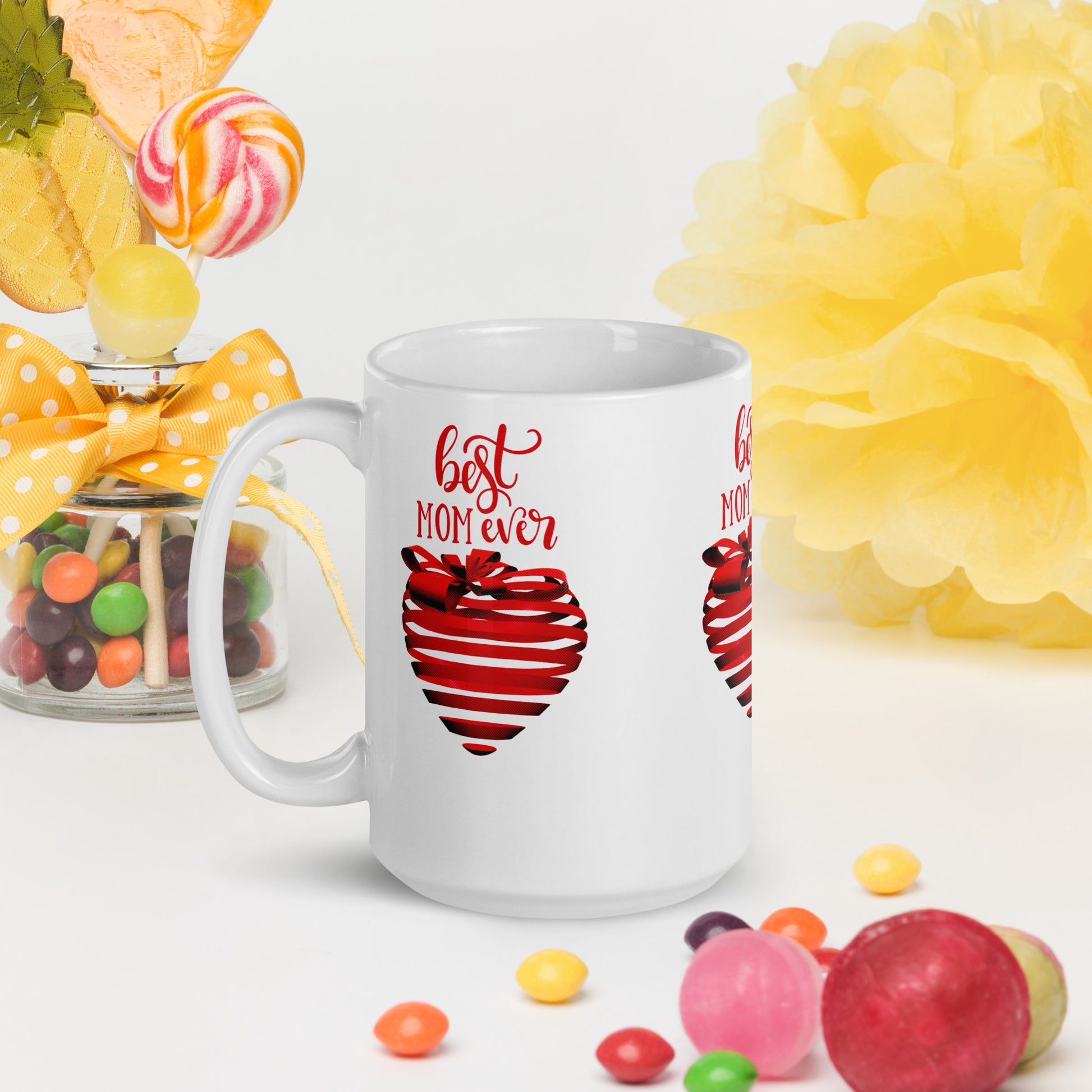 White glossy mug with red text best MOM Ever and red heart