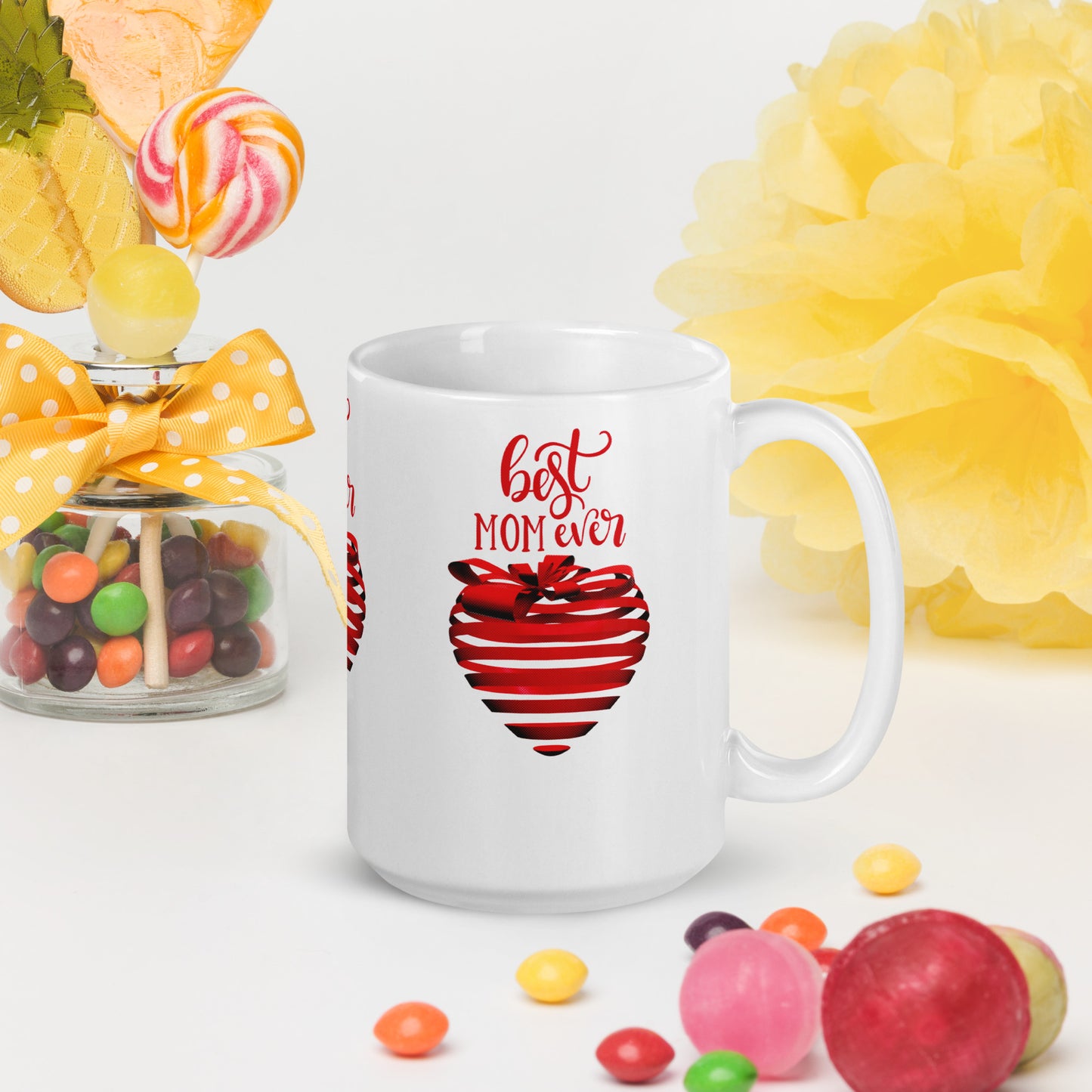 White glossy mug with red text best MOM Ever and red heart