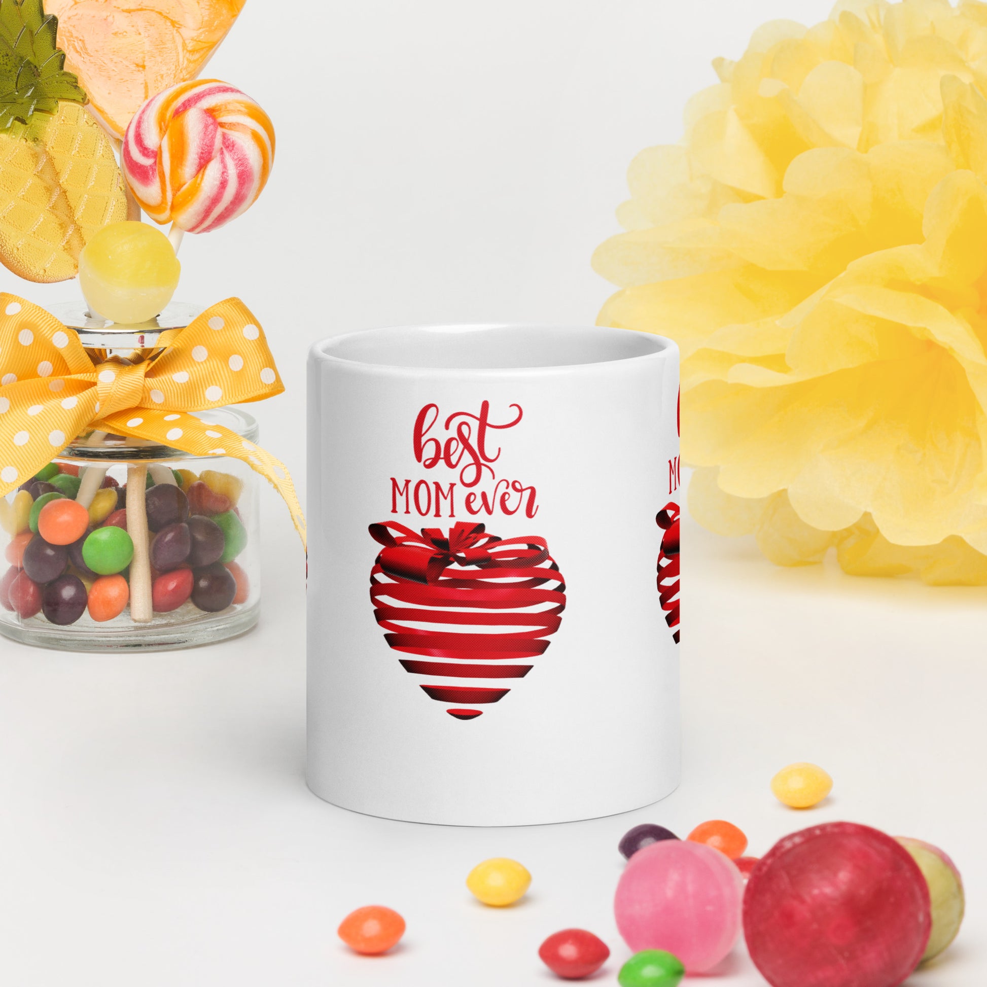 White glossy mug with red text best MOM Ever and red heart