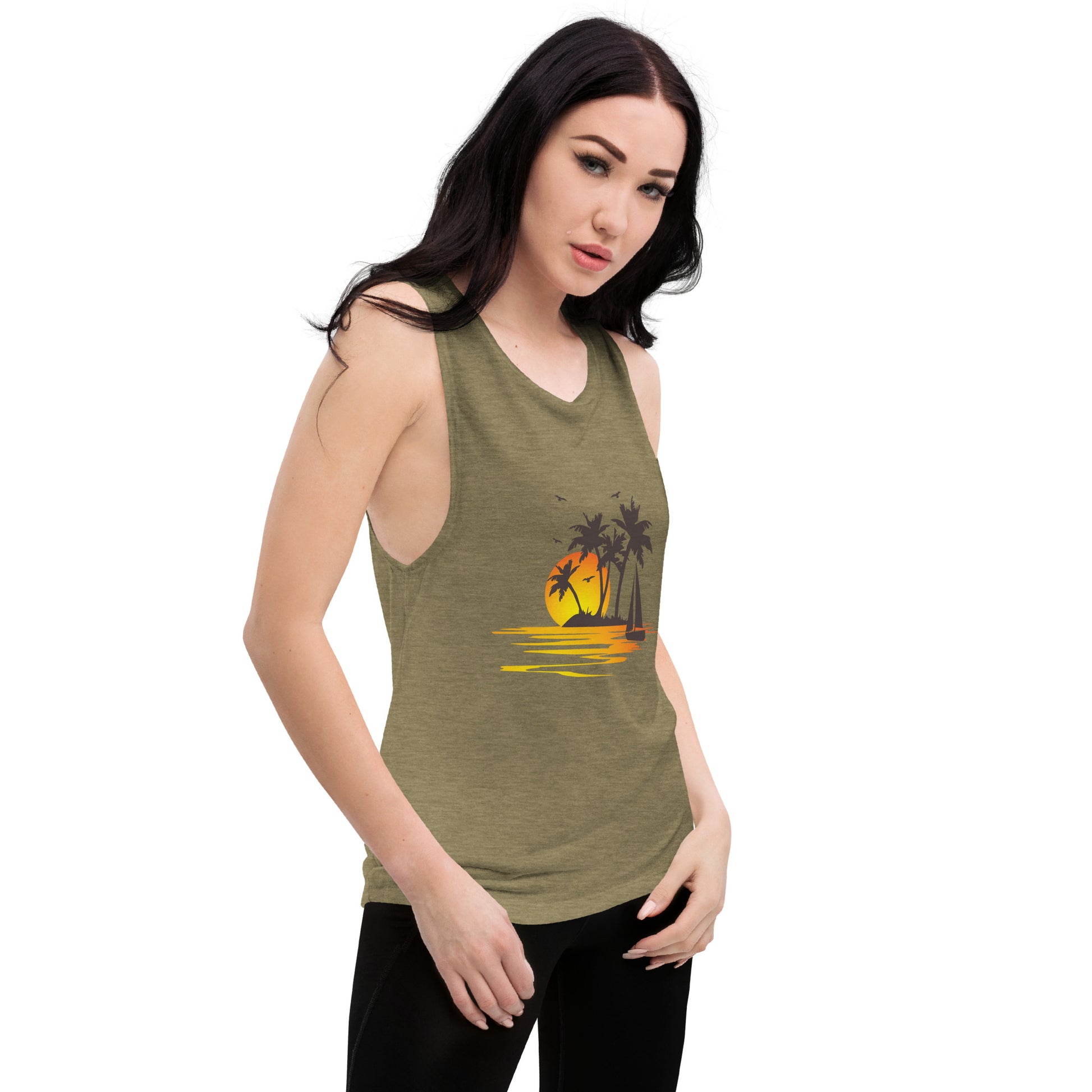 Women with olive muscle tank with a picture of sunset, palm trees and sailboat