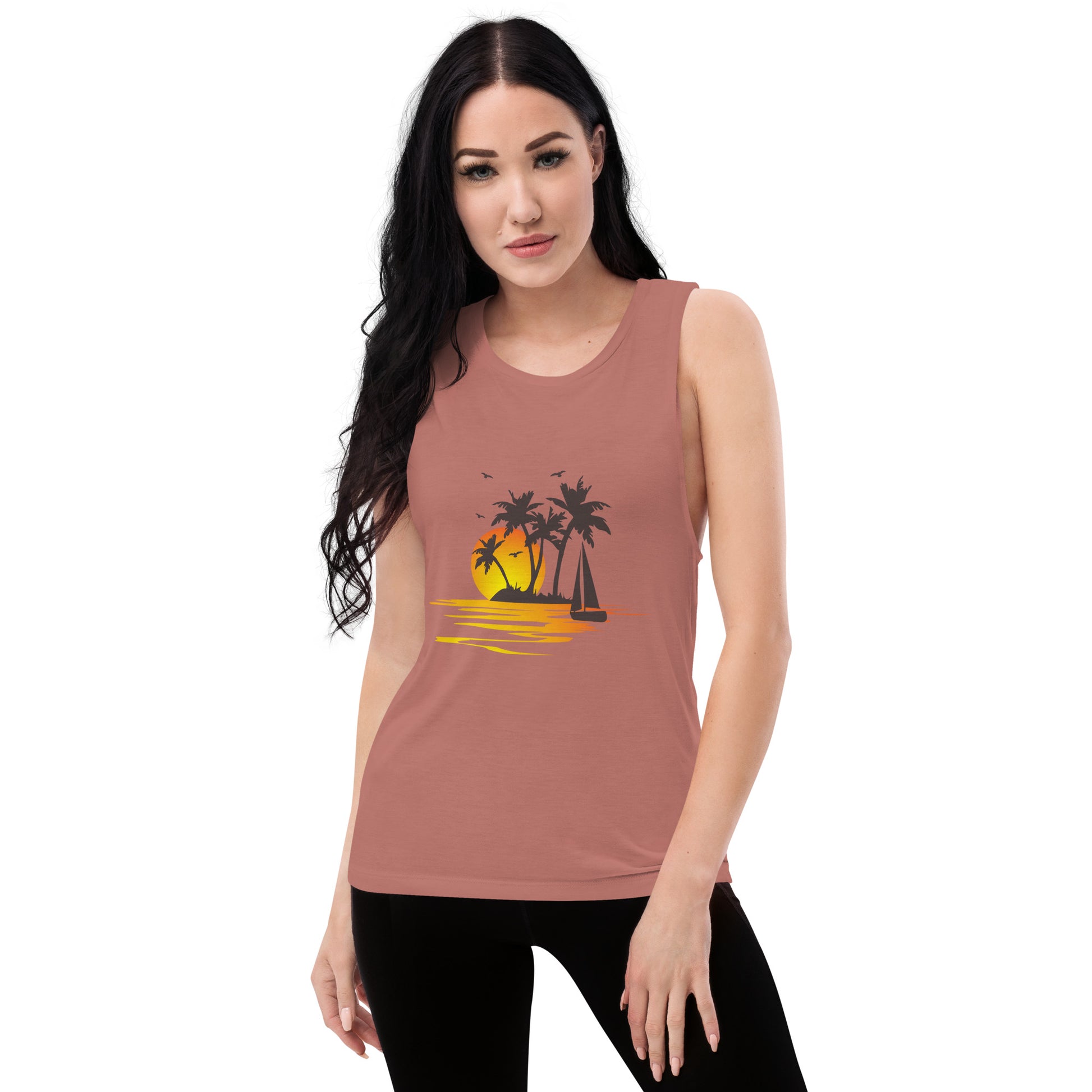 Women with mauve muscle tank with a picture of sunset, palm trees and sailboat