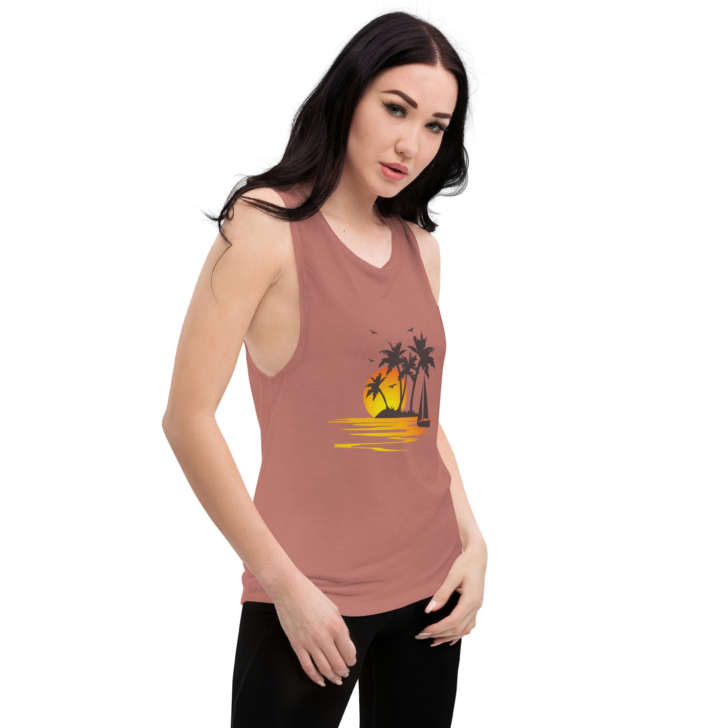 Women with mauve muscle tank with a picture of sunset, palm trees and sailboat