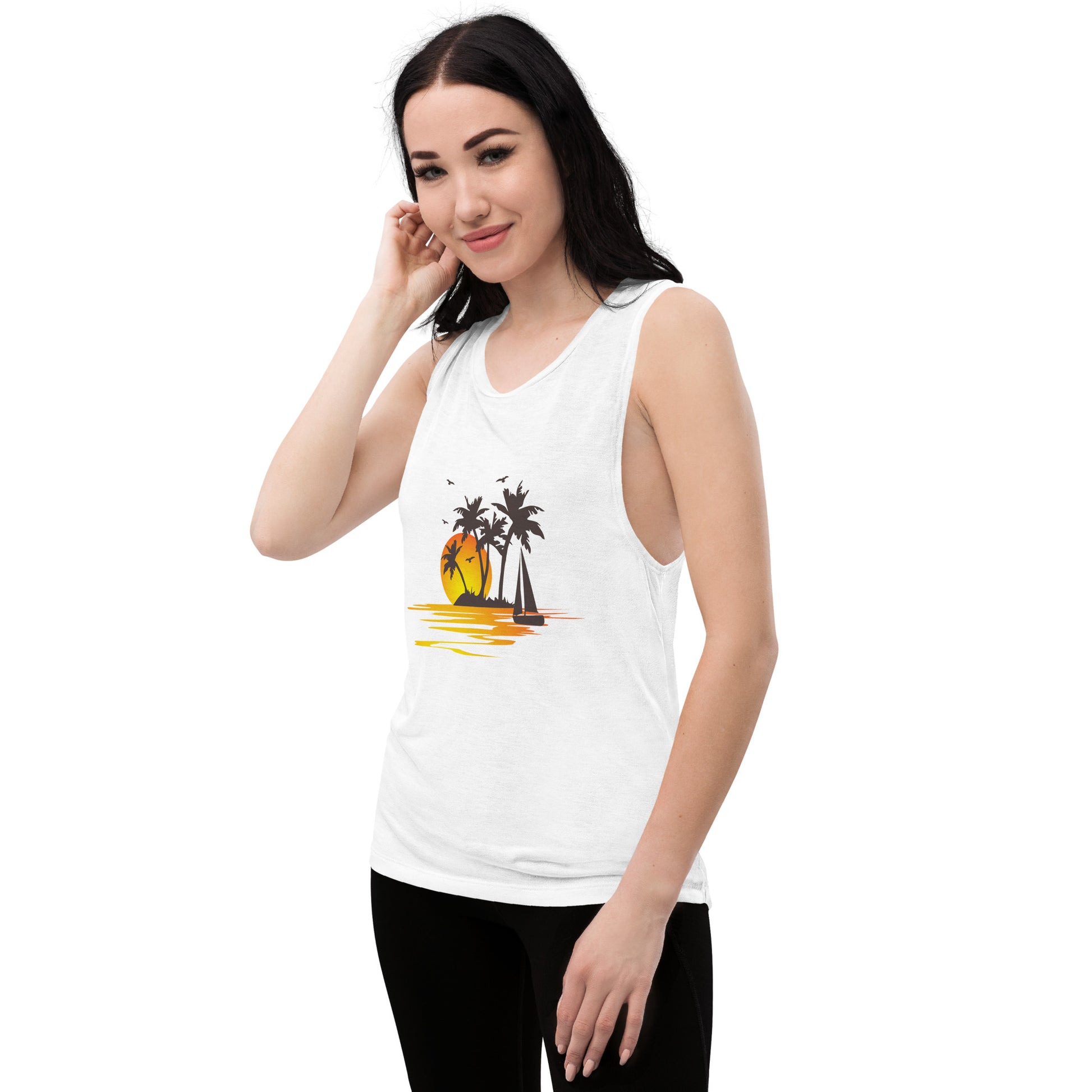 Women with white muscle tank with a picture of sunset, palm trees and sailboat