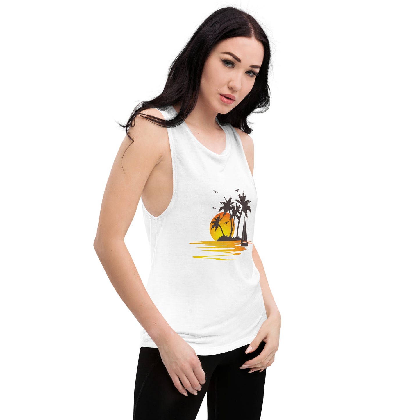 Women with white muscle tank with a picture of sunset, palm trees and sailboat