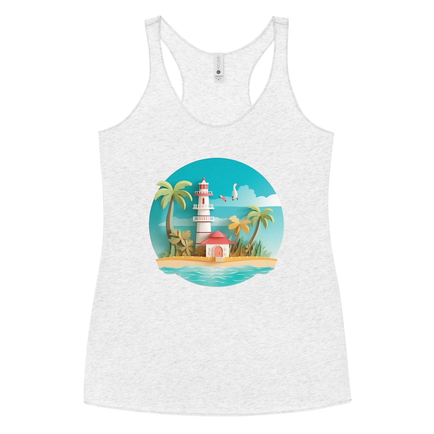 White tank top with picture of lighthouse and palm trees