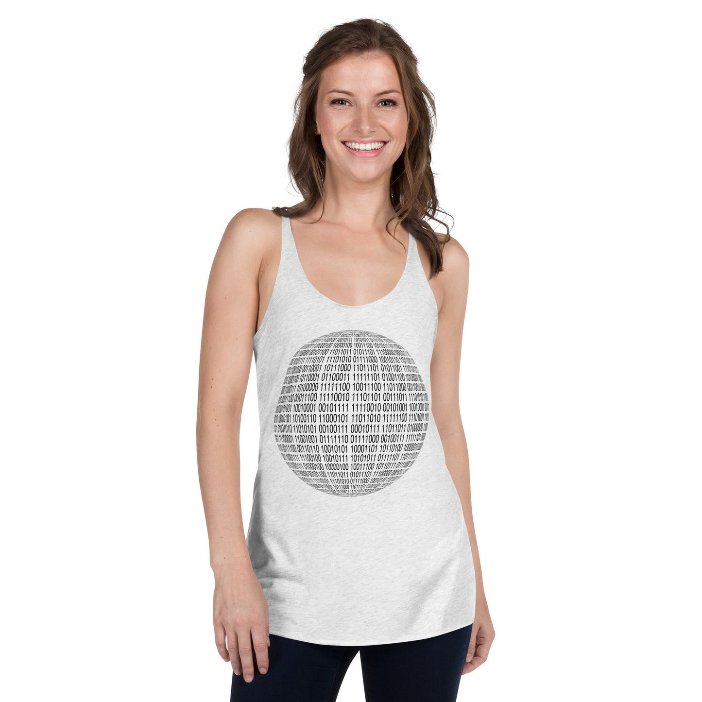 Women with white racerback tank top with binaire sphere