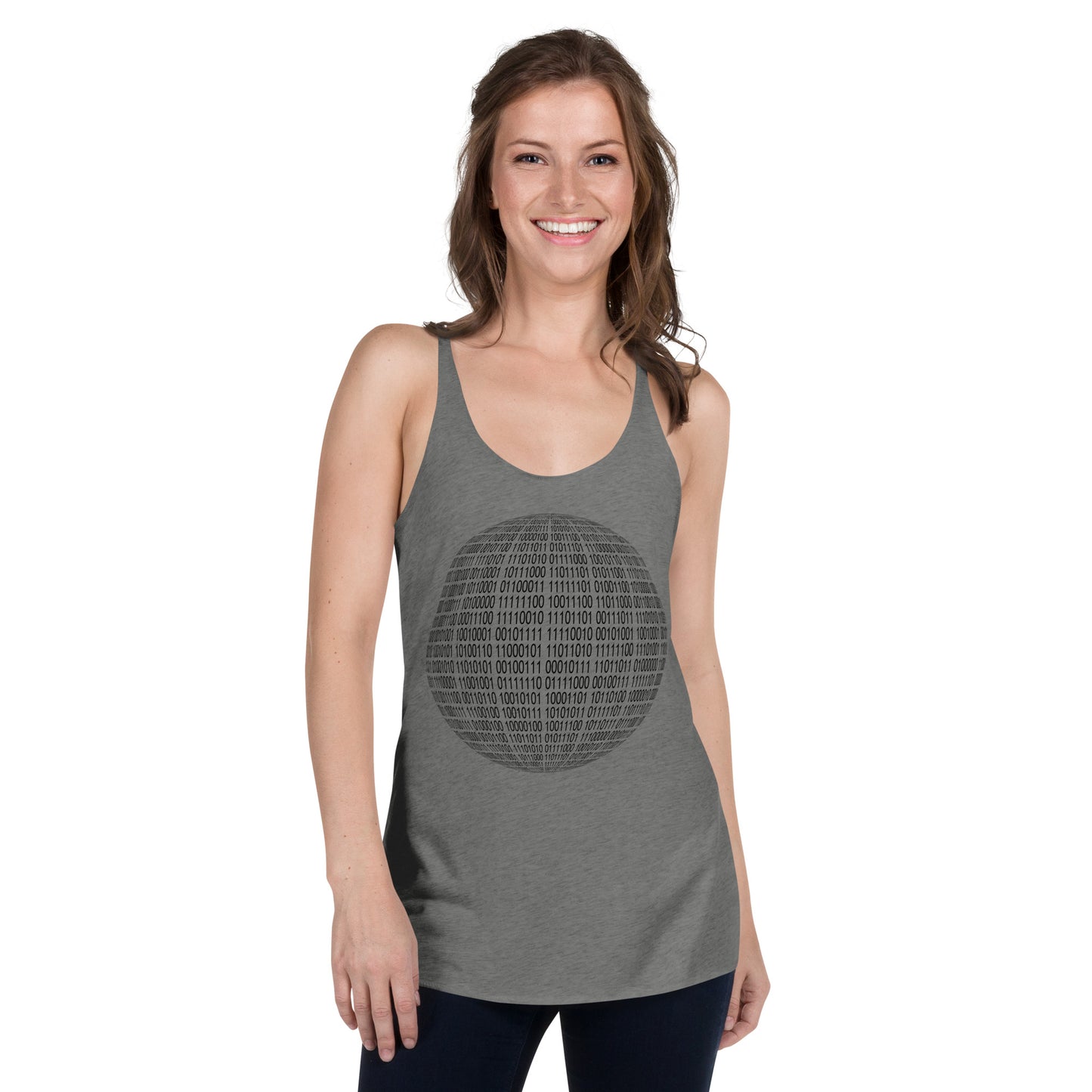 Women with heather grey racerback tank top with binaire sphere