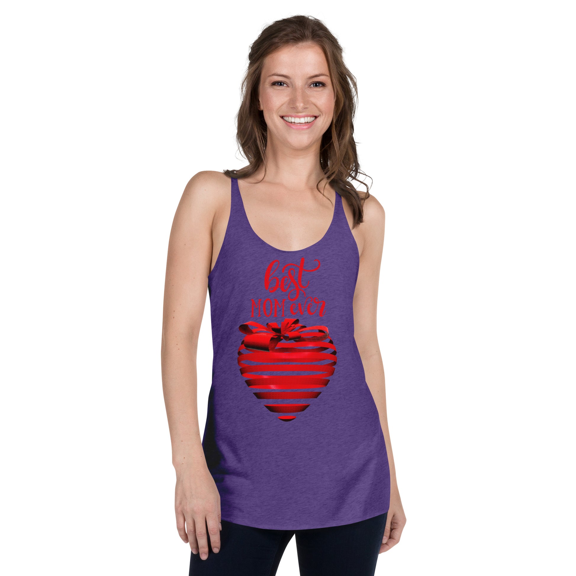 Women with purple Tank Top with red text best MOM Ever and red heart