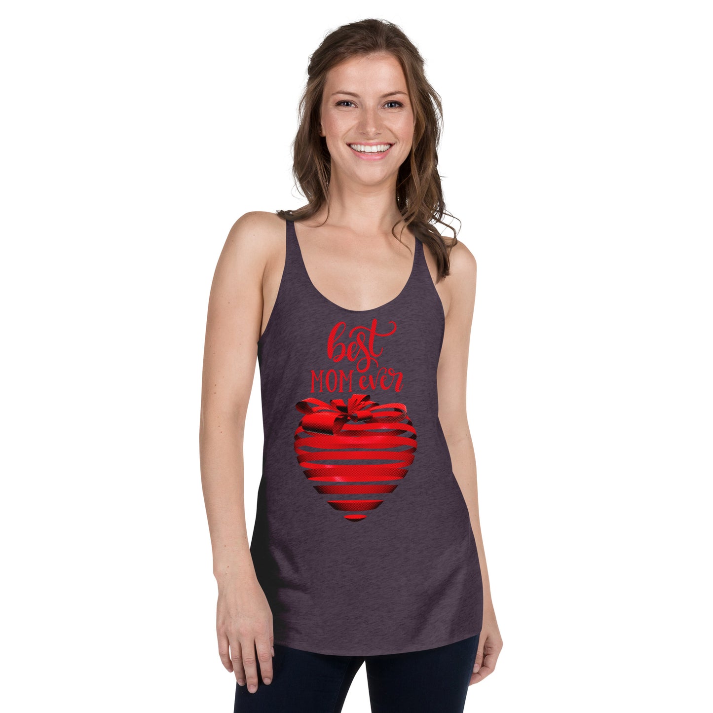 Women with purple Tank Top with red text best MOM Ever and red heart