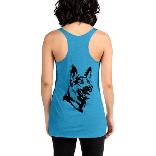 Women with turquoise racerback tank top with German shepherd