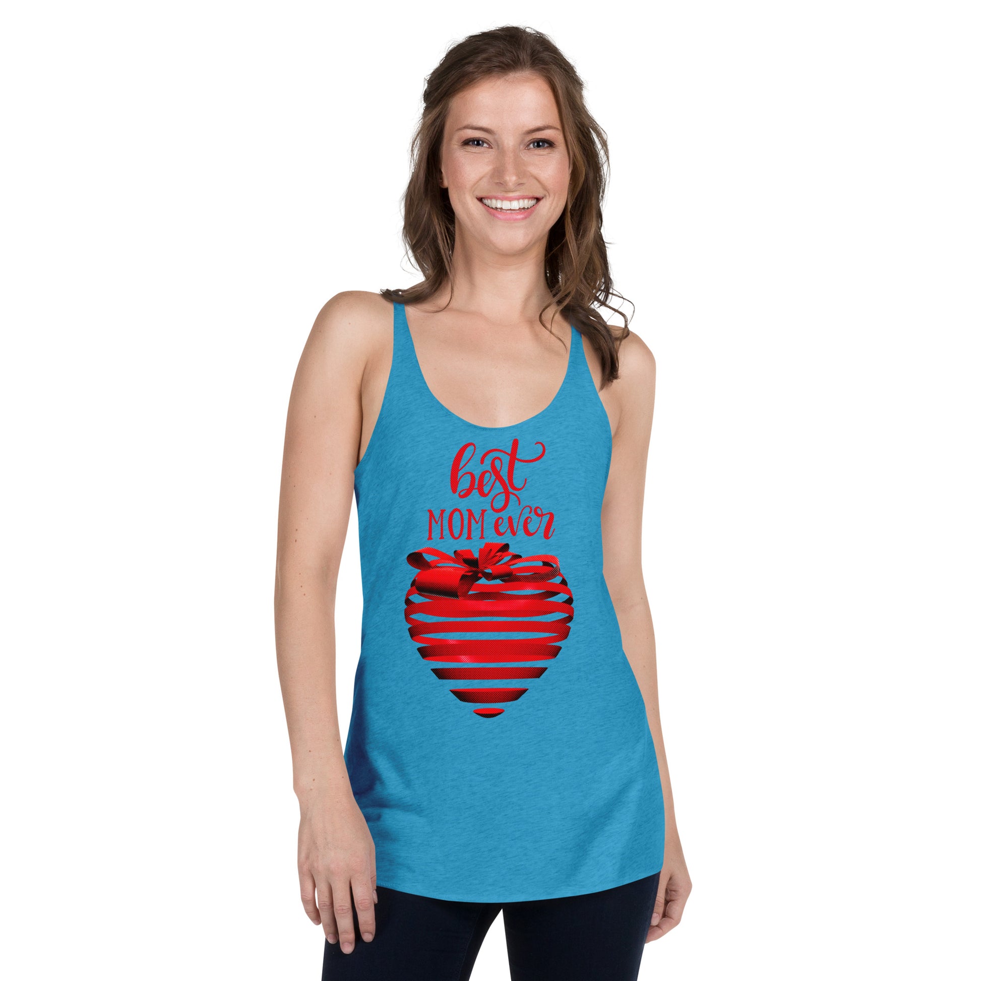 Women with turquoise Tank Top with red text best MOM Ever and red heart