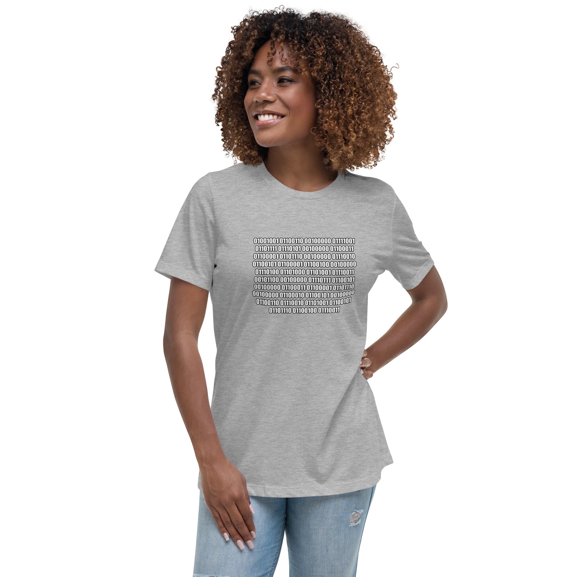 Woman with grey t-shirt with binary code "If you can read this"