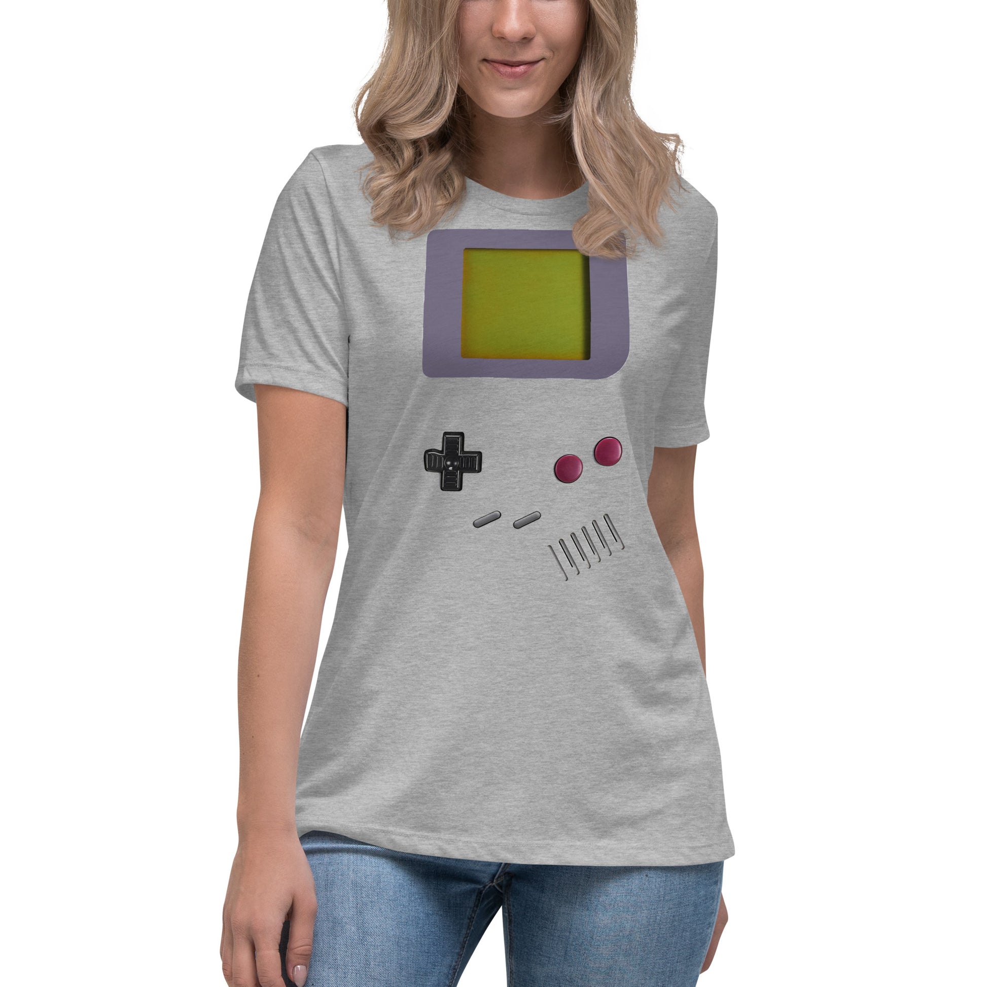 Woman with a grey T-shirt with a print of gameboy