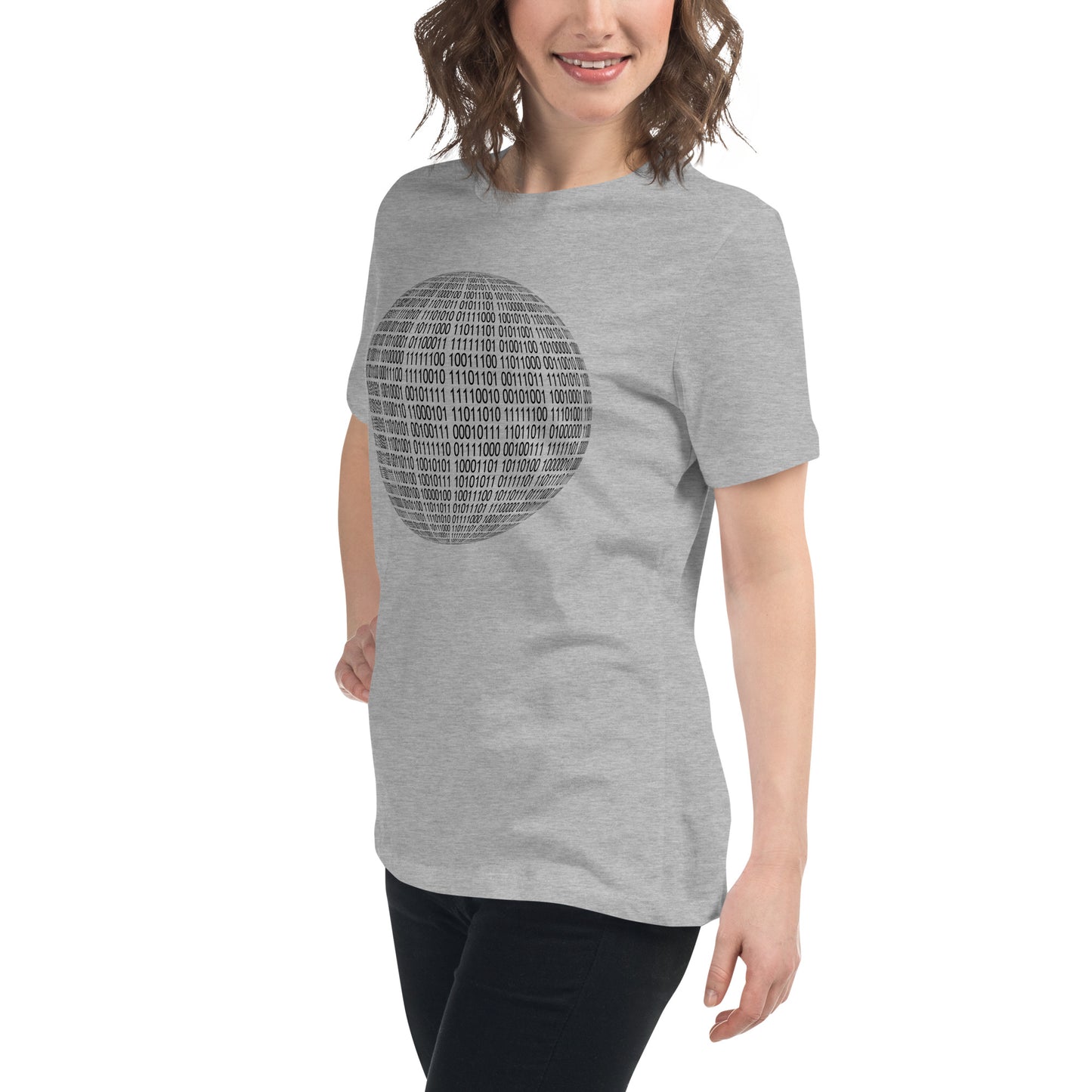 Women with athletic grey T-shirt with binaire sphere