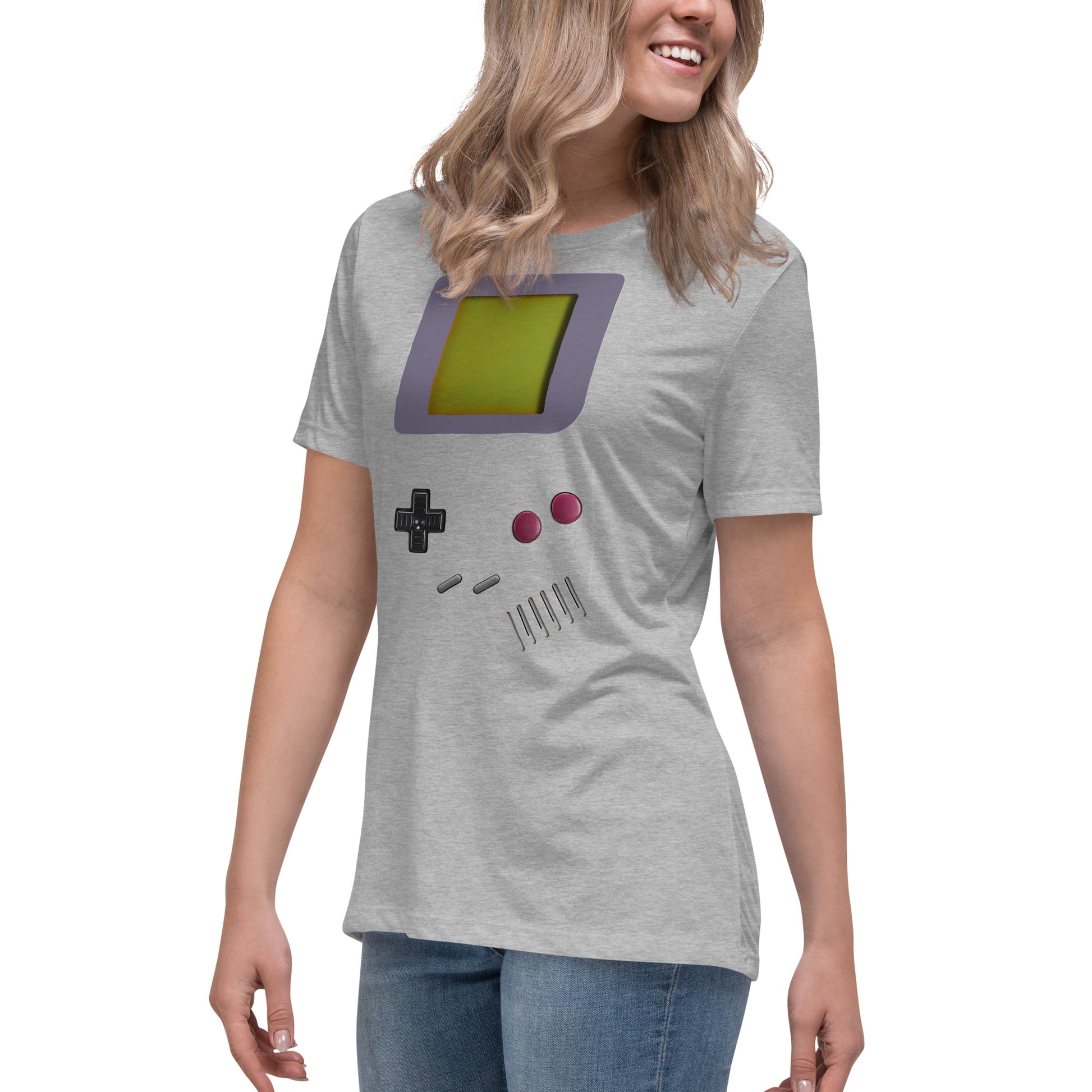 Woman with a grey T-shirt with a print of gameboy