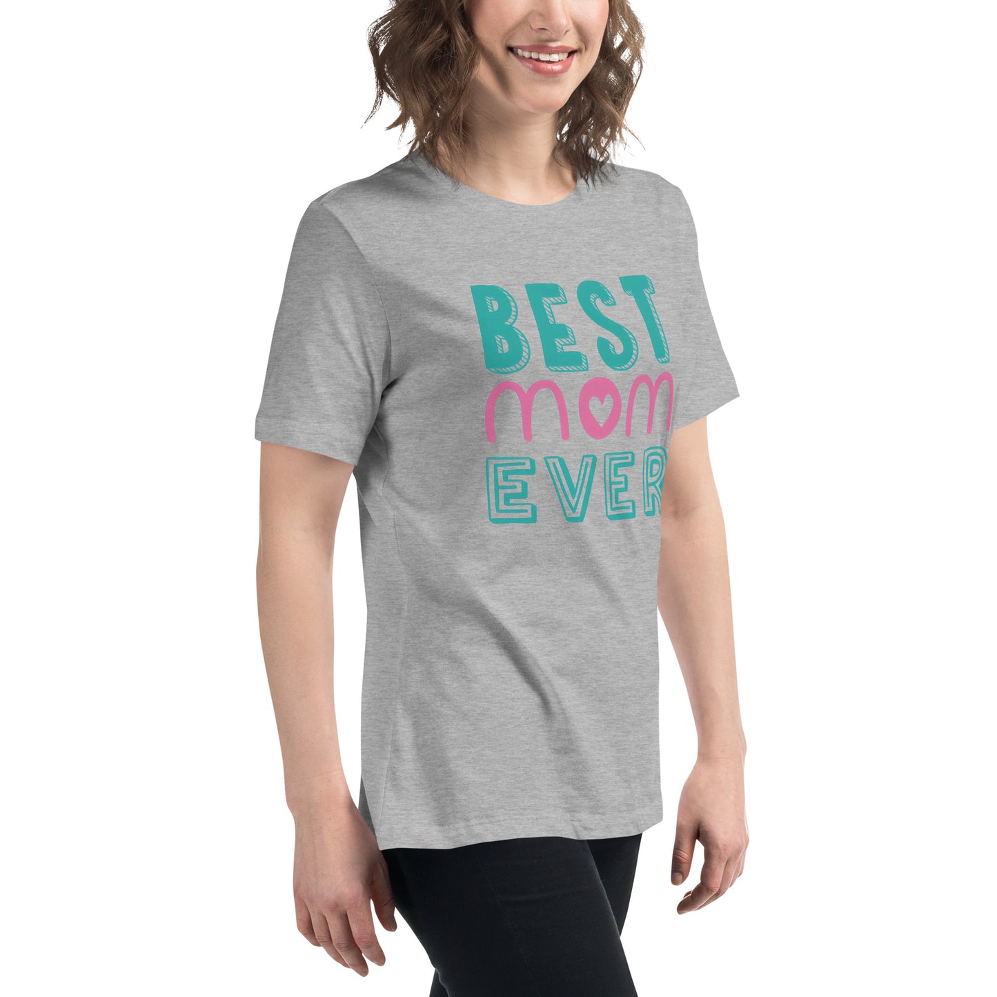 Women with grey Tshirt with text best MOM Ever