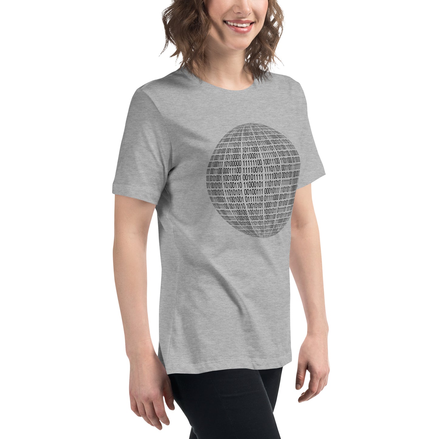 Women with athletic grey T-shirt with binaire sphere