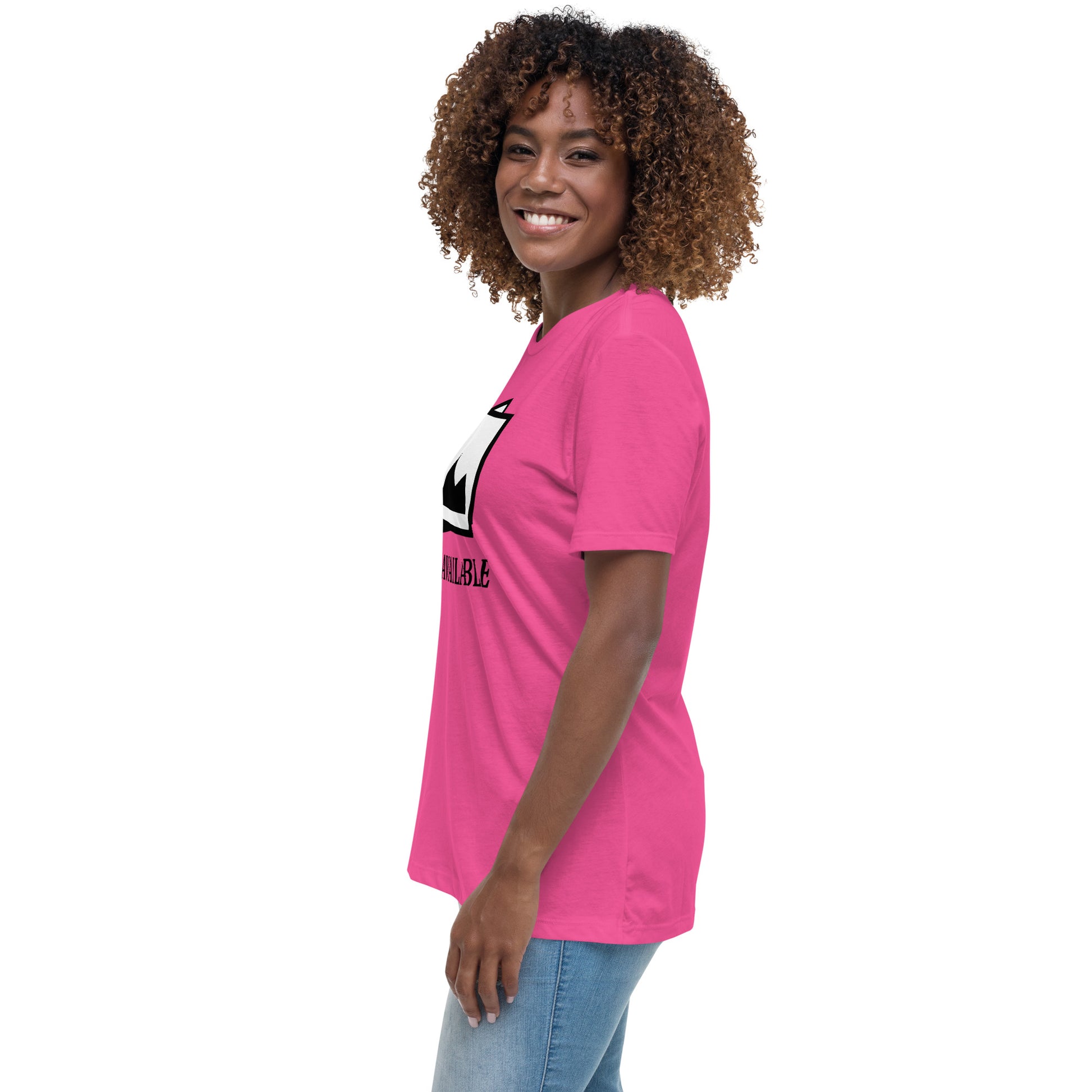 Women with berry t-shirt with image and text "no image available"