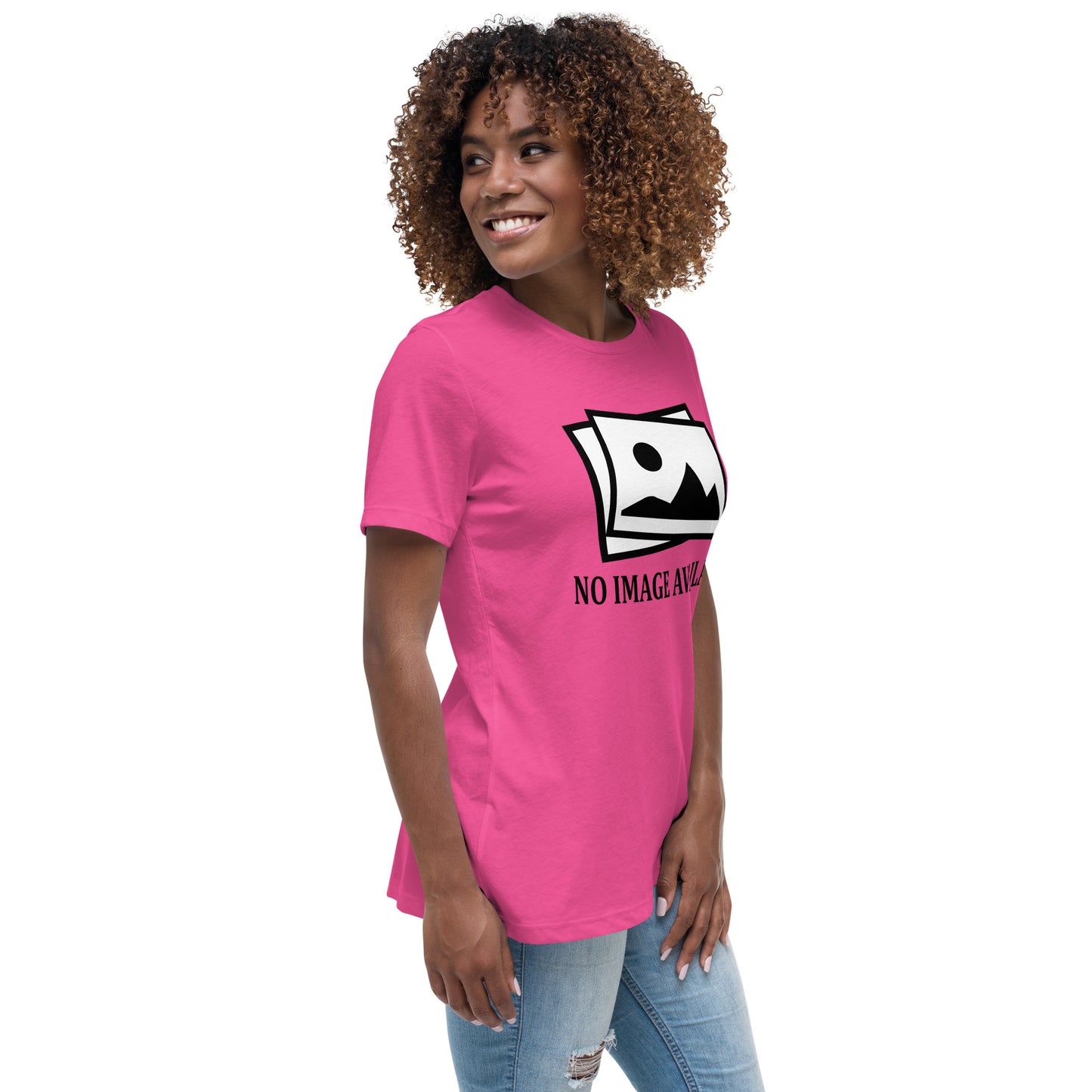 Women with berry t-shirt with image and text "no image available"