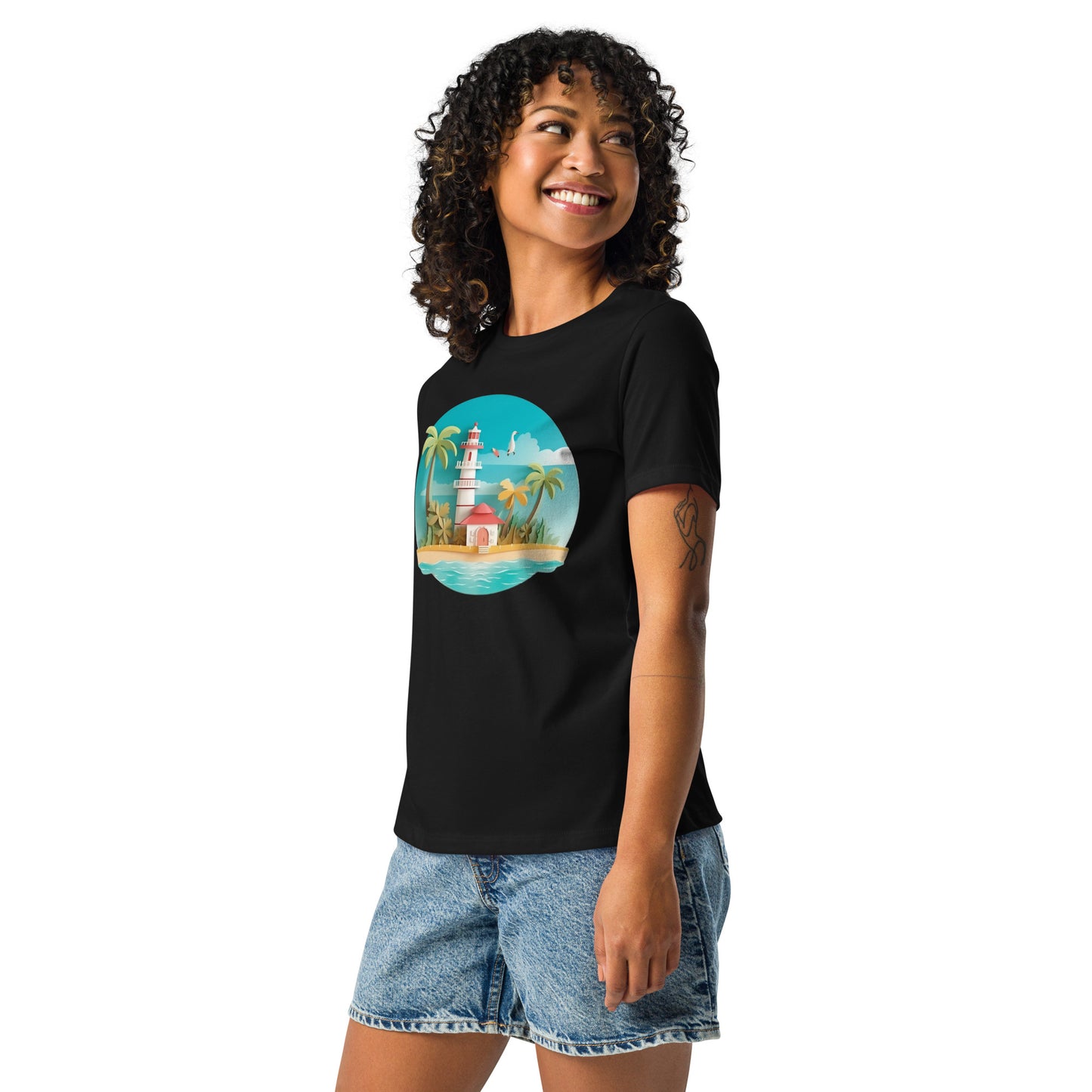 Woman with black t-shirt with picture of lighthouse and palm trees