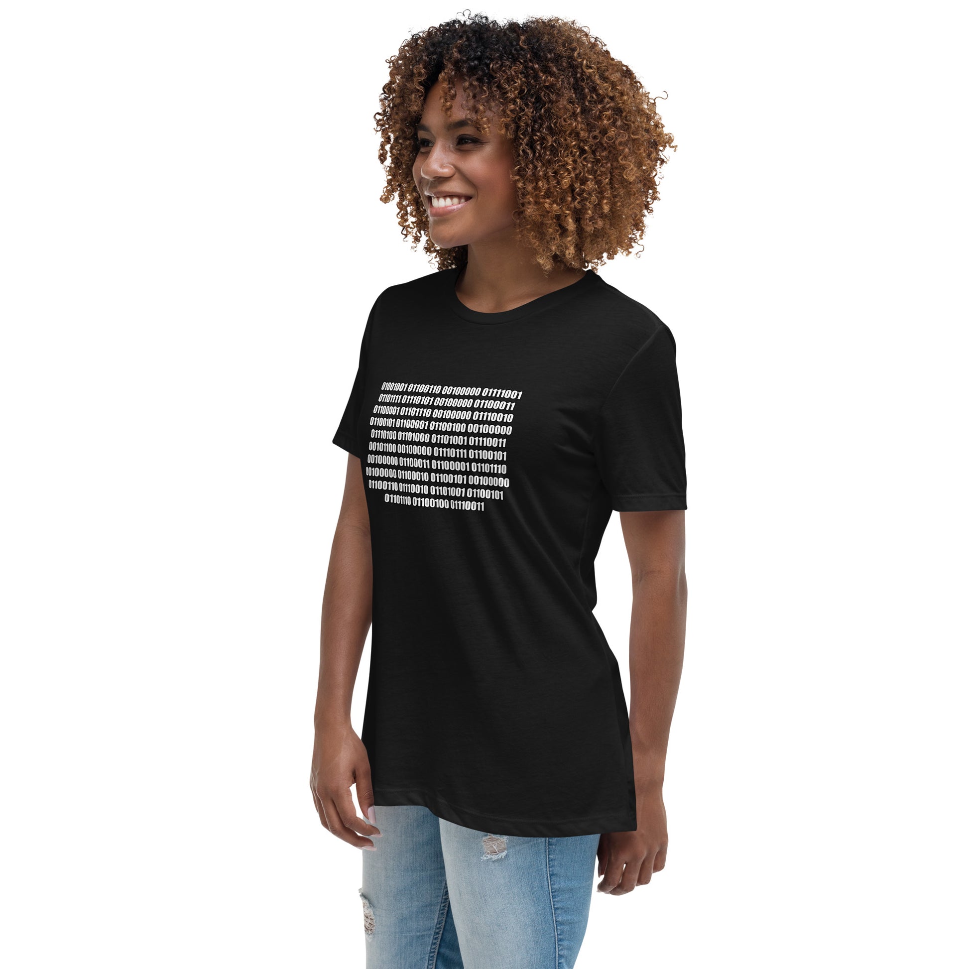 Woman with black t-shirt with binary code "If you can read this"