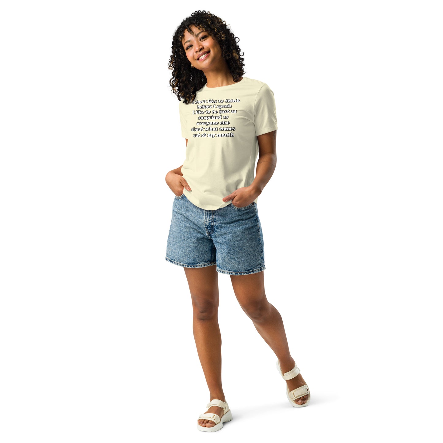 Woman with citron t-shirt with text “I don't think before I speak Just as serprised as everyone about what comes out of my mouth"