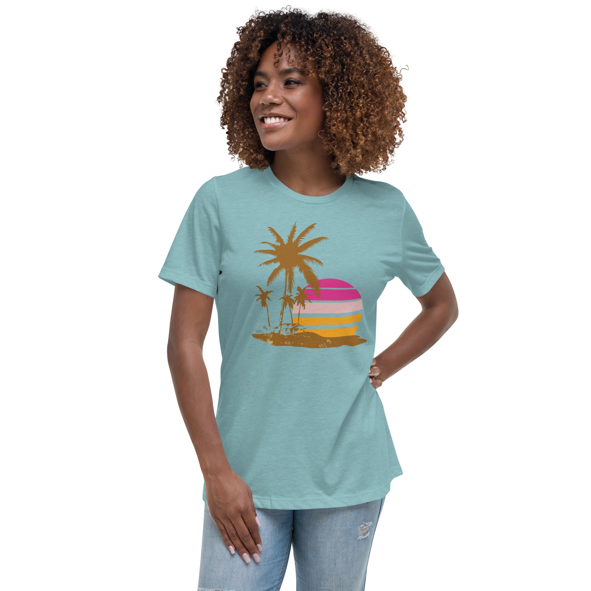 Woman with blue lagoon T-shirt and a picture of brown palm trees and a pink sunset