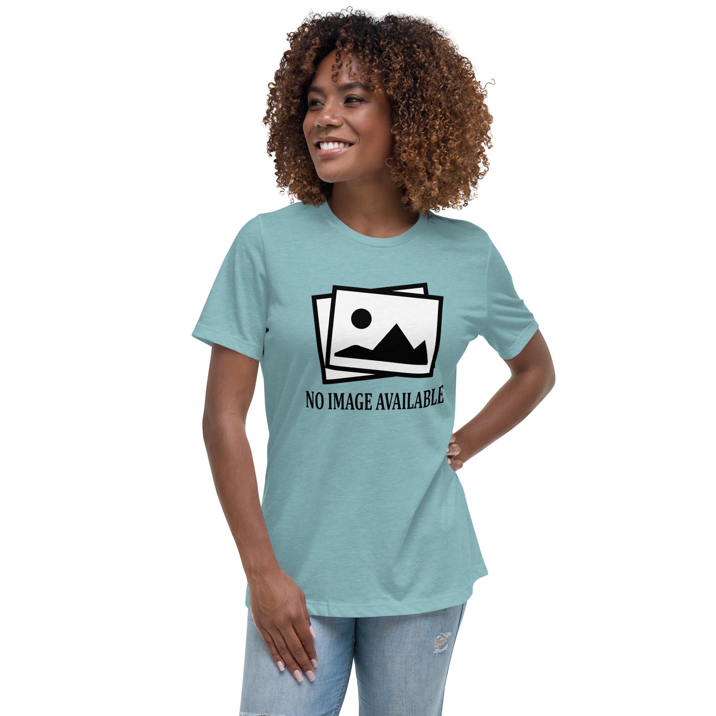 Women with blue lagoon t-shirt with image and text "no image available"