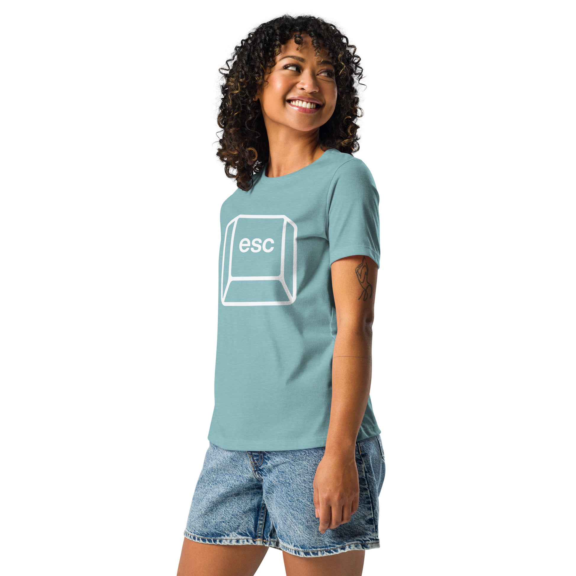 Woman with blue lagoon t-shirt with picture of esc key