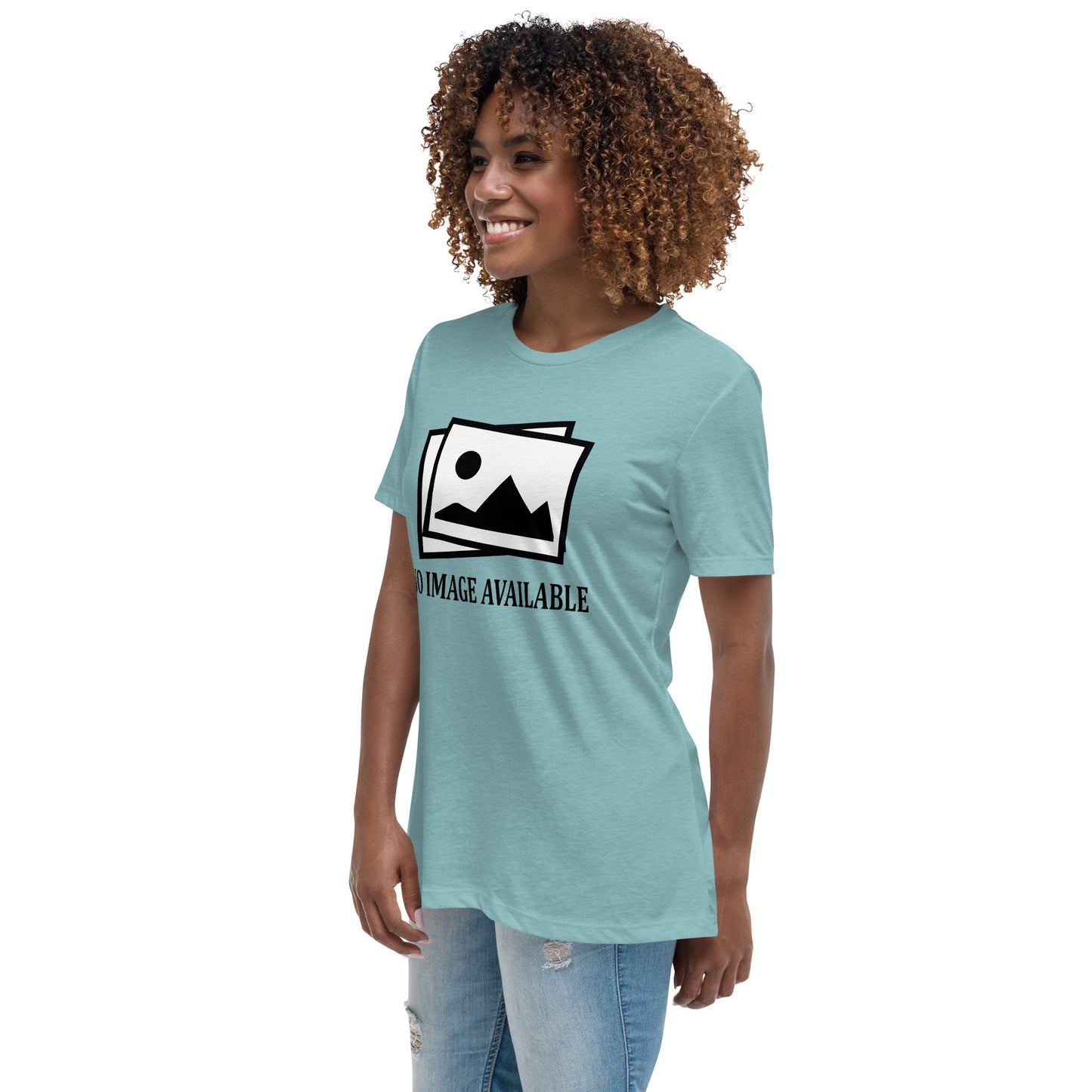 Women with blue lagoon t-shirt with image and text "no image available"