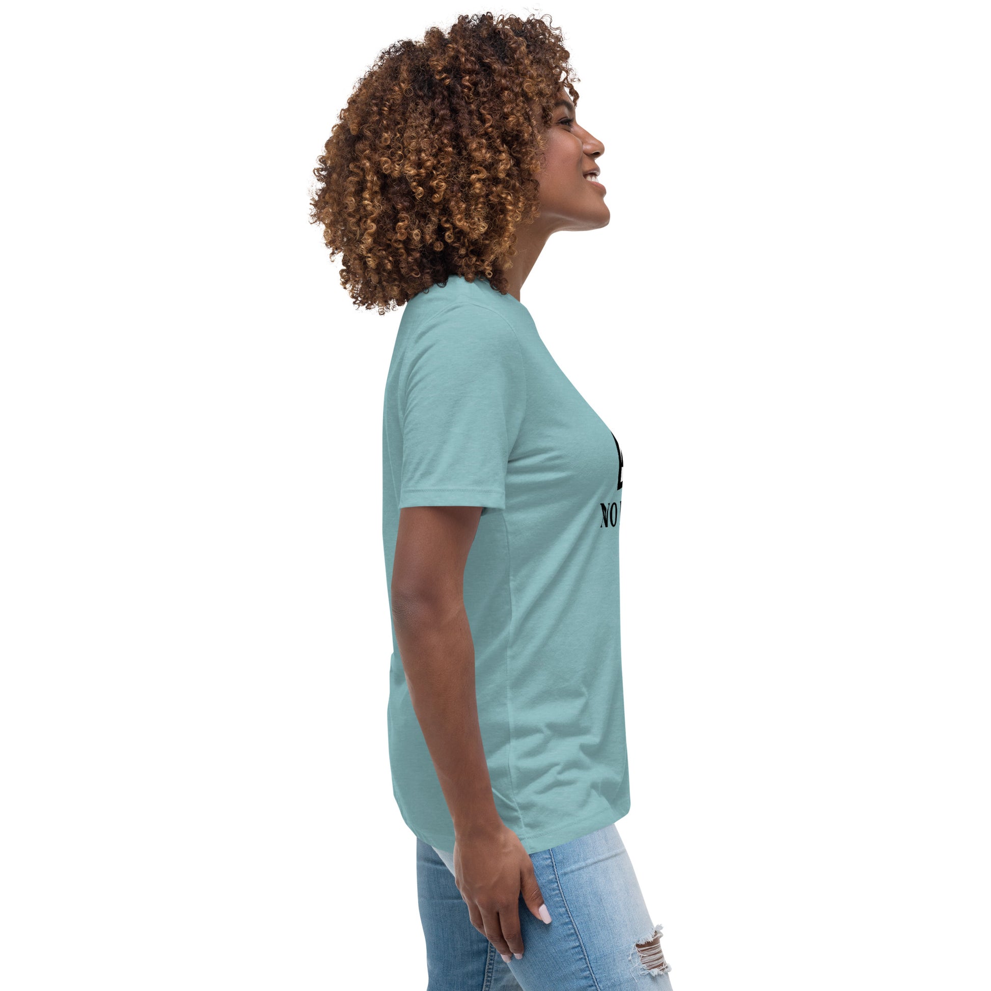 Women with blue lagoon t-shirt with image and text "no image available"