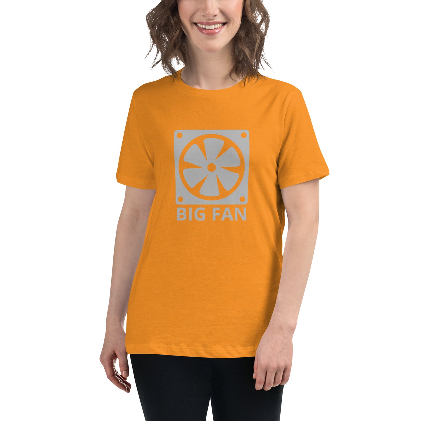 Women with marmalade t-shirt with image of a big computer fan and the text "BIG FAN"