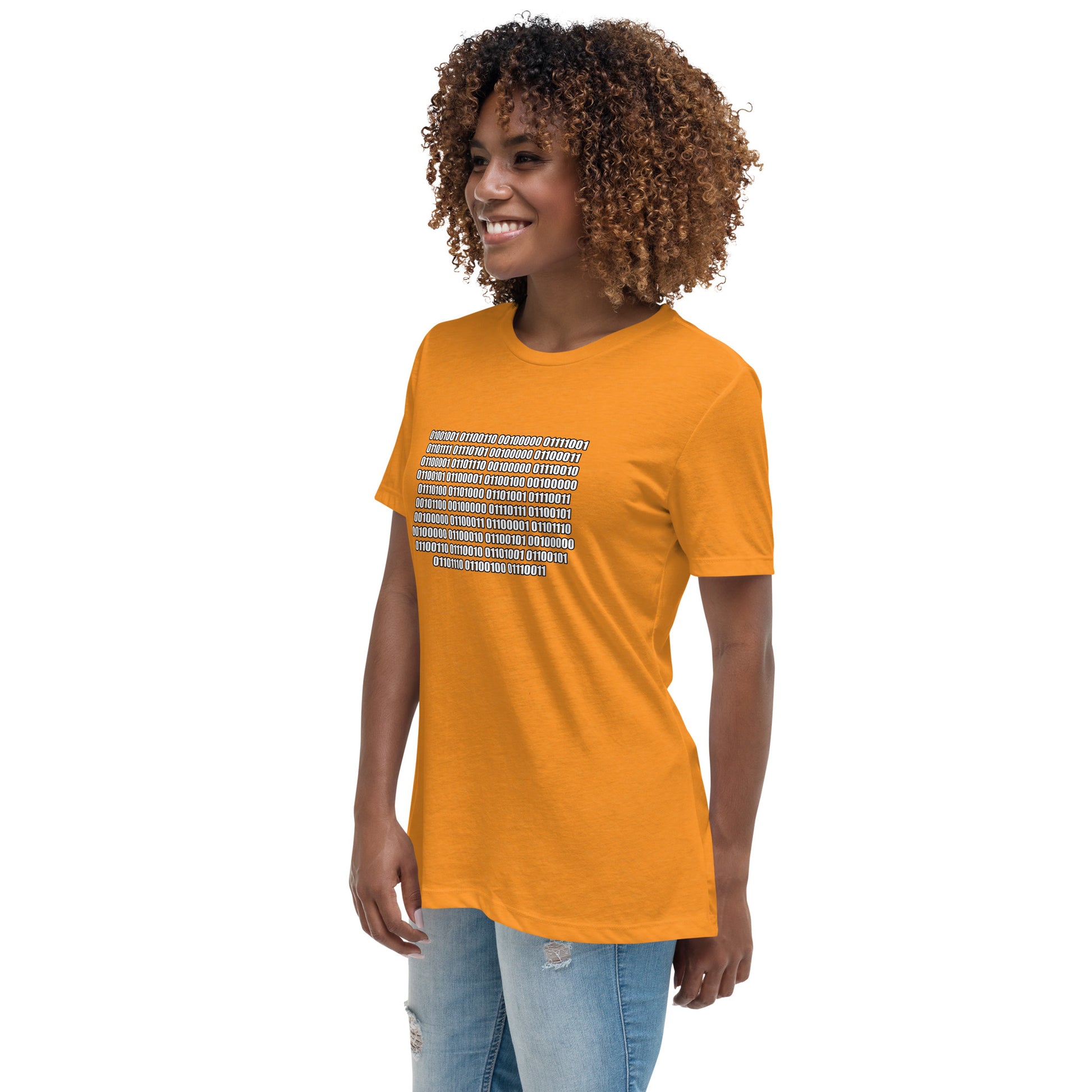 Woman with marmalade t-shirt with binary code "If you can read this"