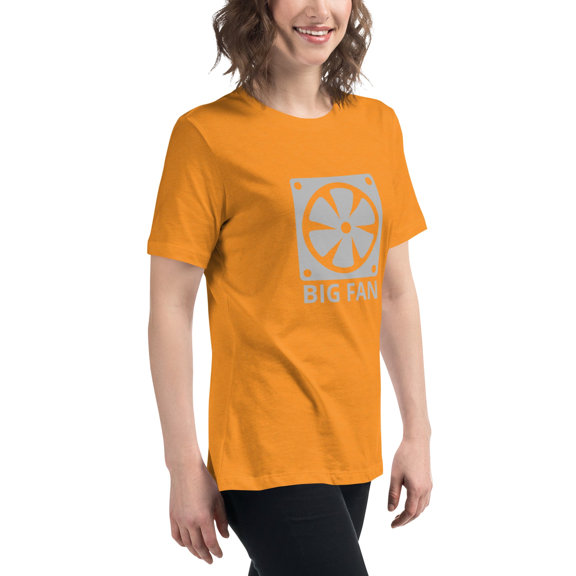 Women with marmalade t-shirt with image of a big computer fan and the text "BIG FAN"