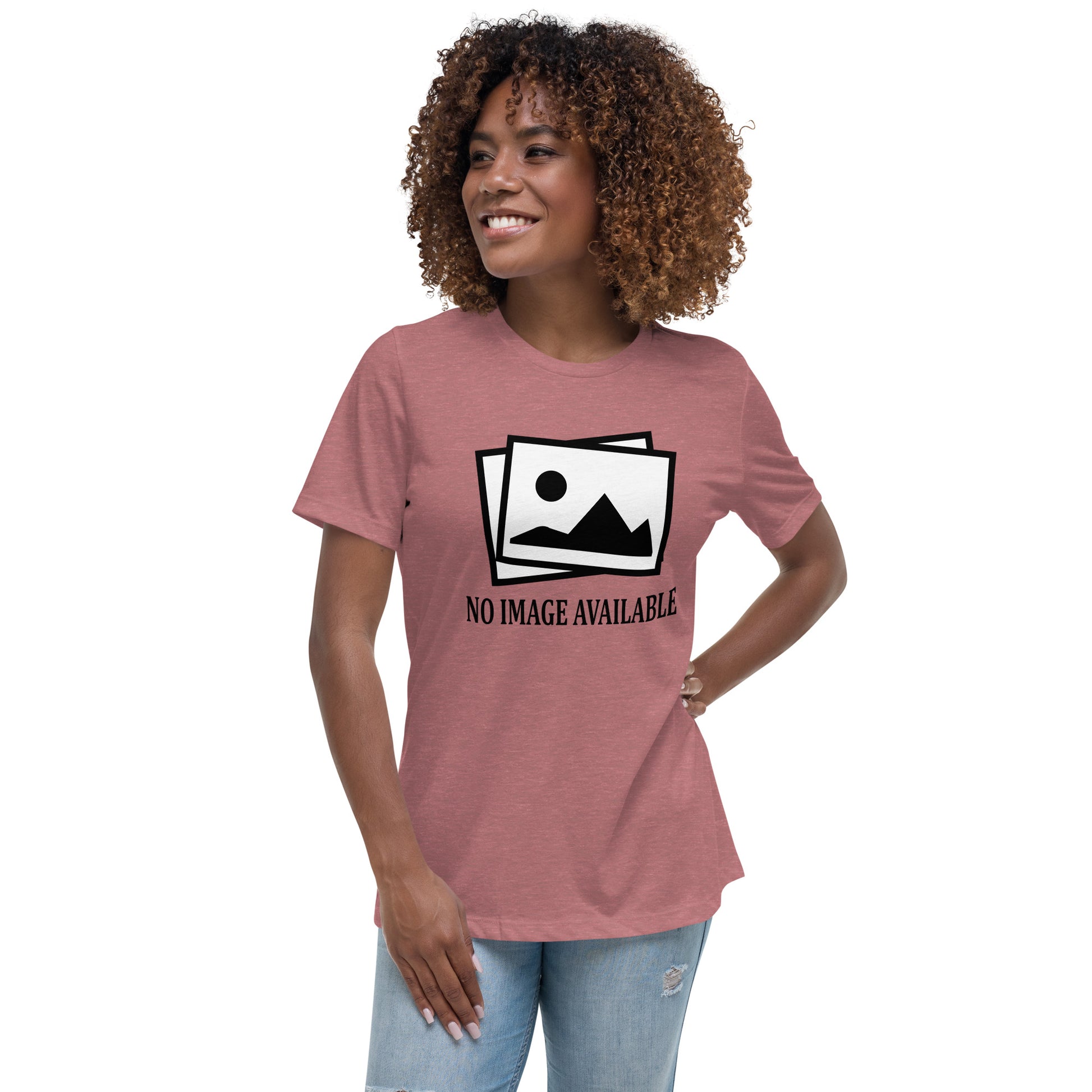 Women with mauve t-shirt with image and text "no image available"